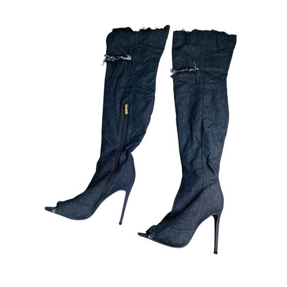 Liliana Barbara Thigh High Over Knee Denim Open Toe Stiletto Heel Boot Black 7.5 - Picture 11 of 12